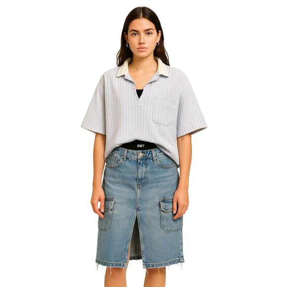 Polo Golf Ralph Lauren Striped Polo Shirt L Blue White Linen Silk Blend - Picture 2 of 10